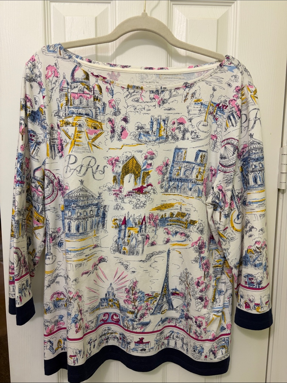 Talbots White Paris Sketch Long Sleeve Boatneck Top with Pink & Blue Accents